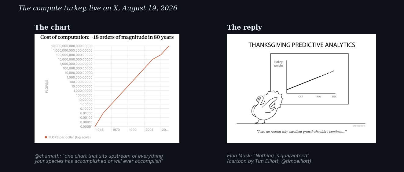 The exchange: Chamath's cost-of-computation chart next to the turkey-weight cartoon Musk replied with, captioned "Nothing is guaranteed"